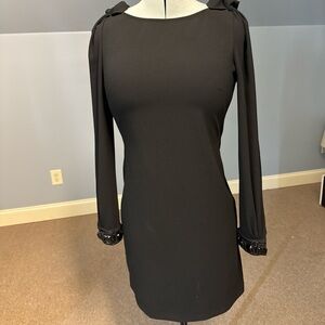 Elie Tahari Black Long-Sleeve Shift Dress with Beaded Cuffs